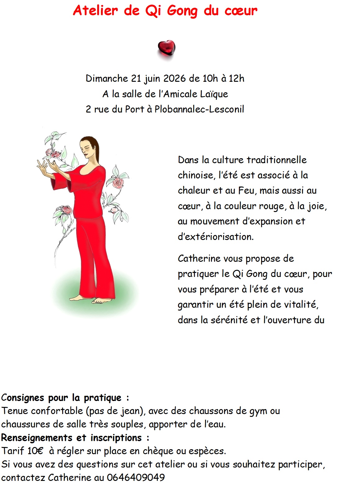 Affiche de l'atelier Qi Gong du cœur - dimanche 21 juin 2026 - Salle de l'Amicale Laïque Plobannalec-Lesconil