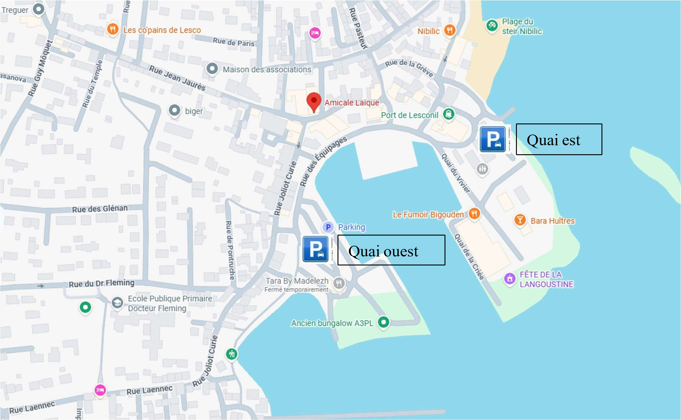 Plan de Lesconil : emplacement de la salle de l'Amicale et des parkings Quai est et Quai ouest
